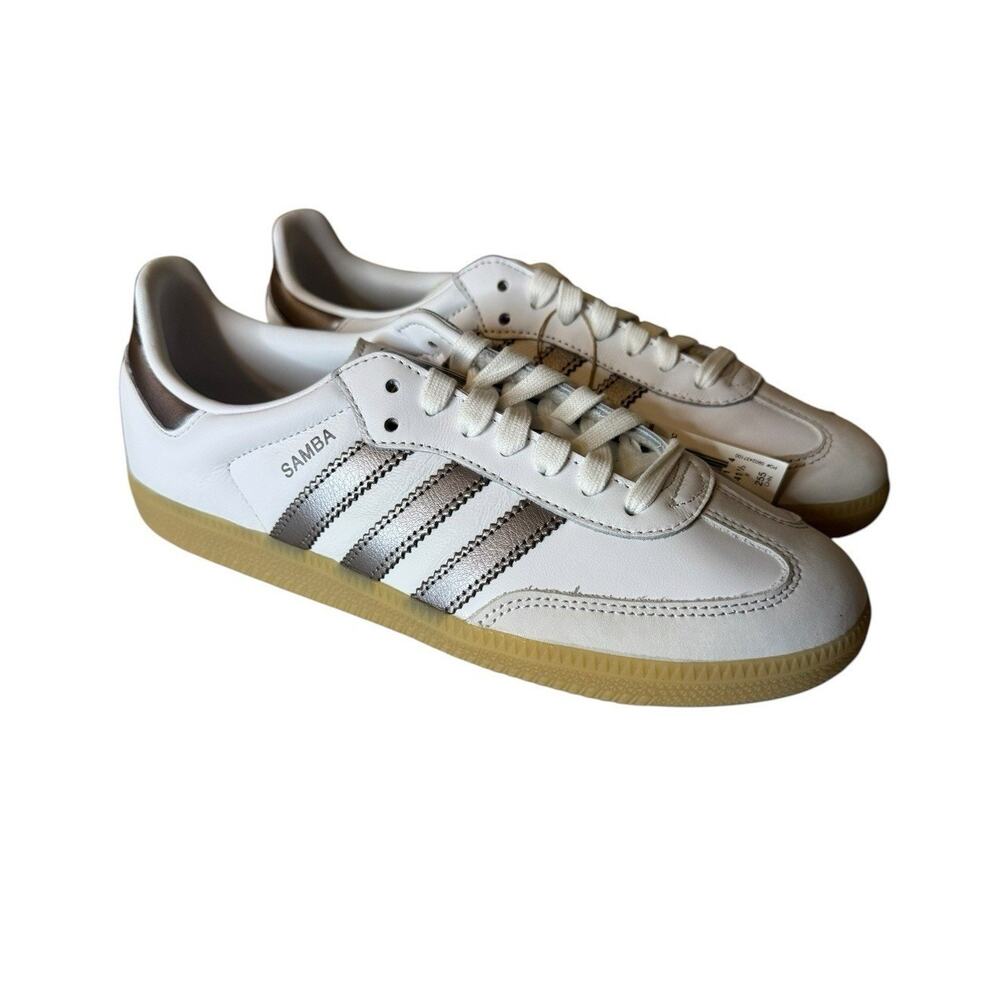 adidas NEW Samba OG Womens Low Top Leather Sneakers White/Coffee Metallic Bronze